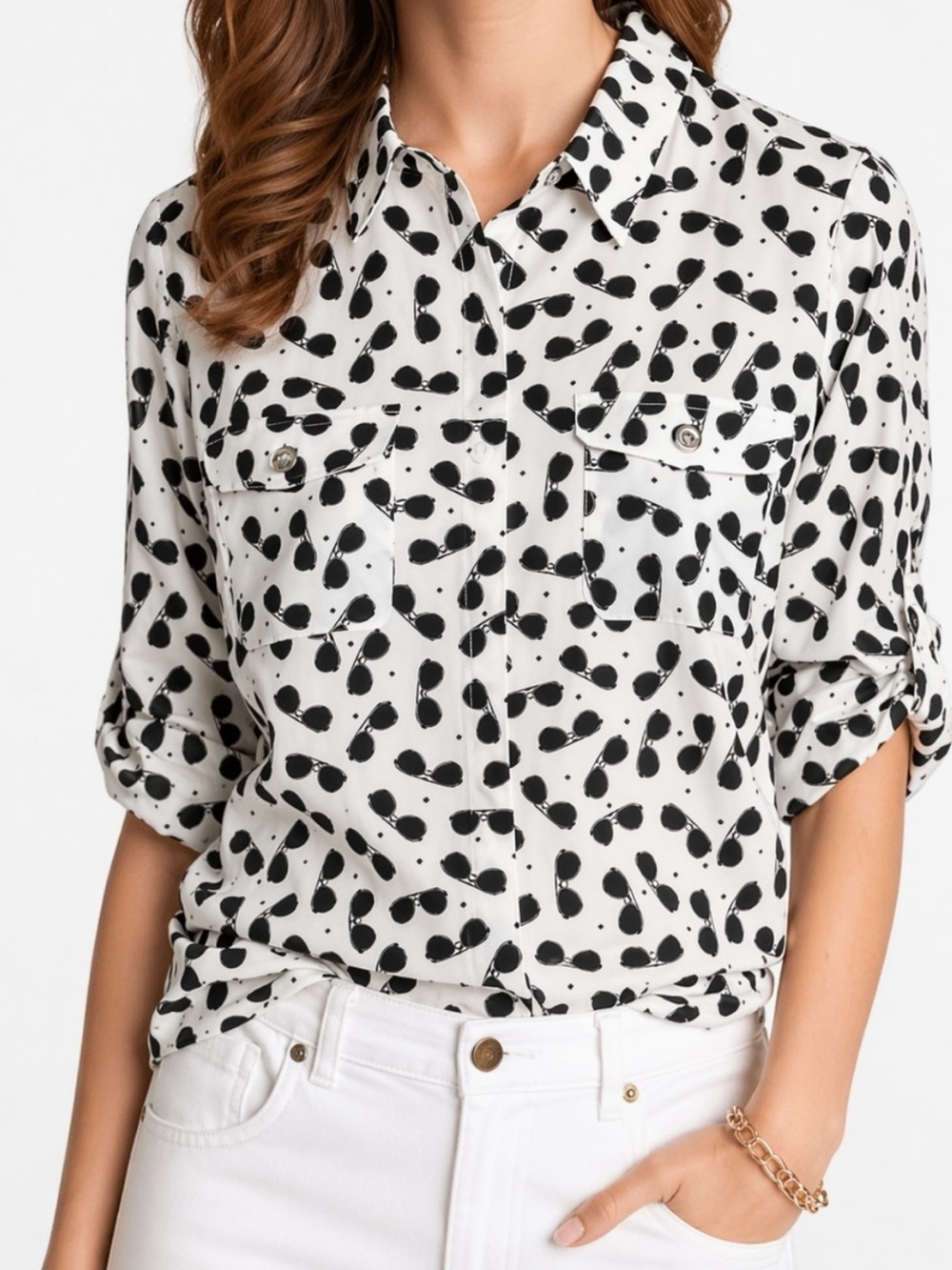 KARL LAGERFELD long sleeve aviator sunglasses print button down blouse Large